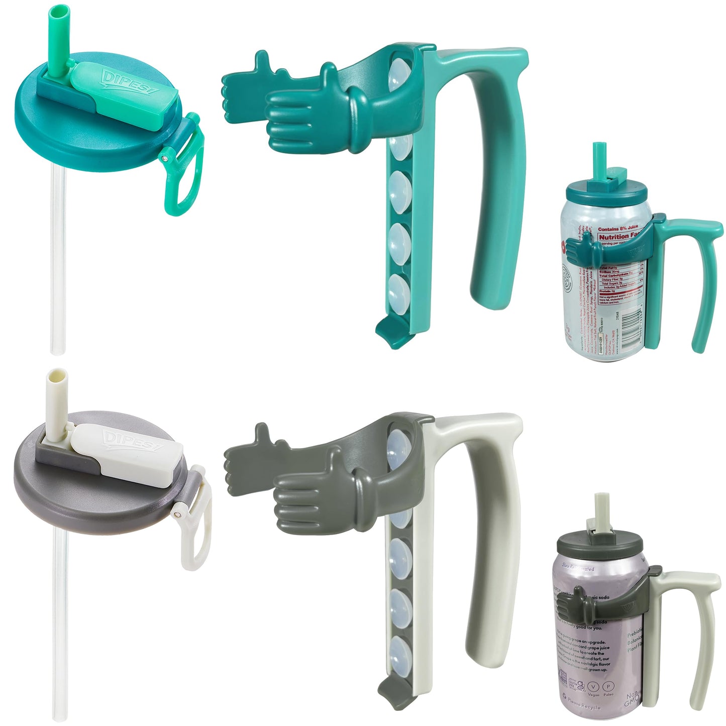 Soda Can Lids and Holders for 12oz Cans – 2 Can Covers with Straw + 2 Can Holder with Handle – For Soda, Beer, Pop – Easy to Hold, Leak-Free