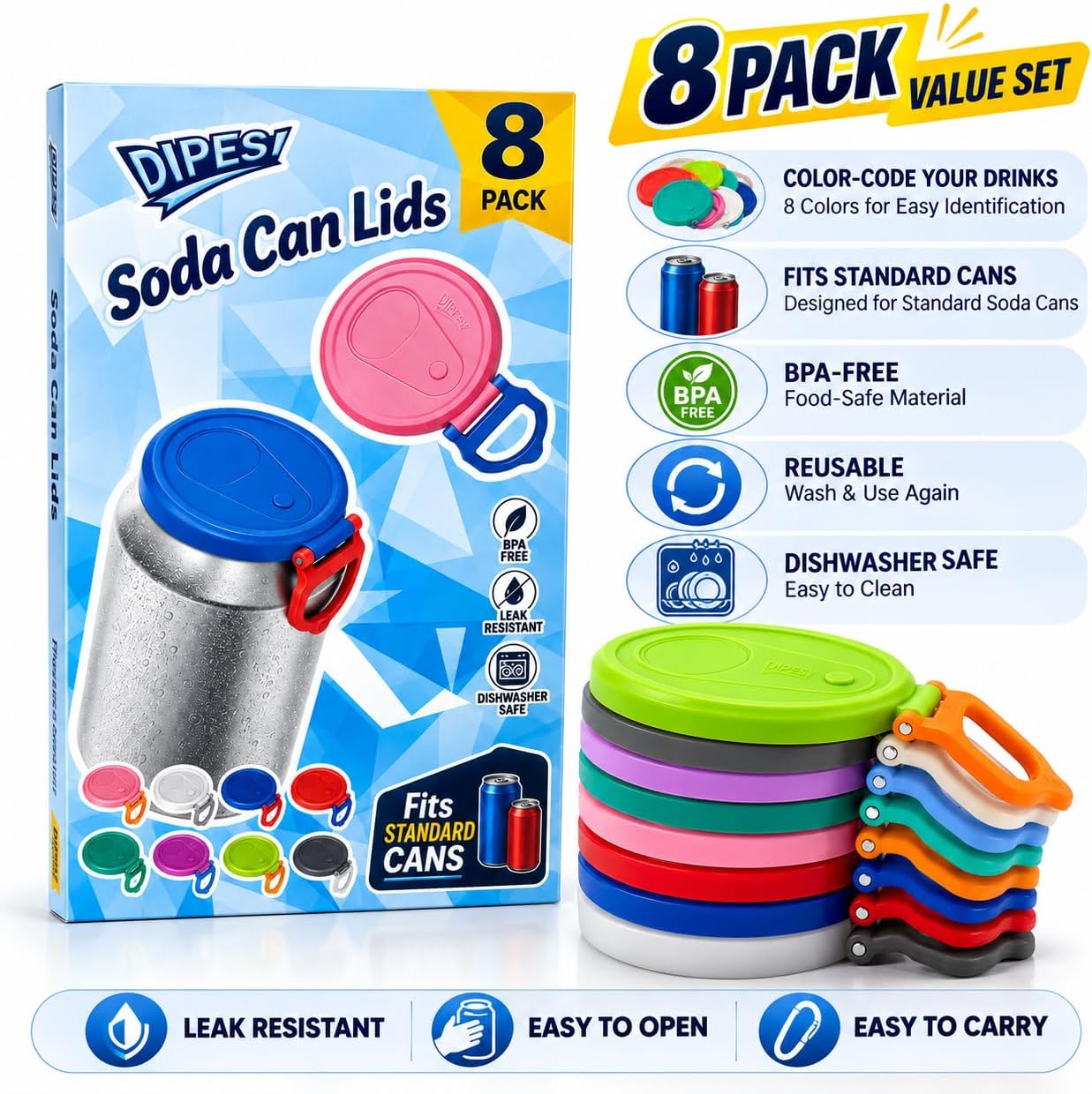 8 Pack Soda Can Lids, Reusable Soda Can Covers, Fits Standard Soda Cans