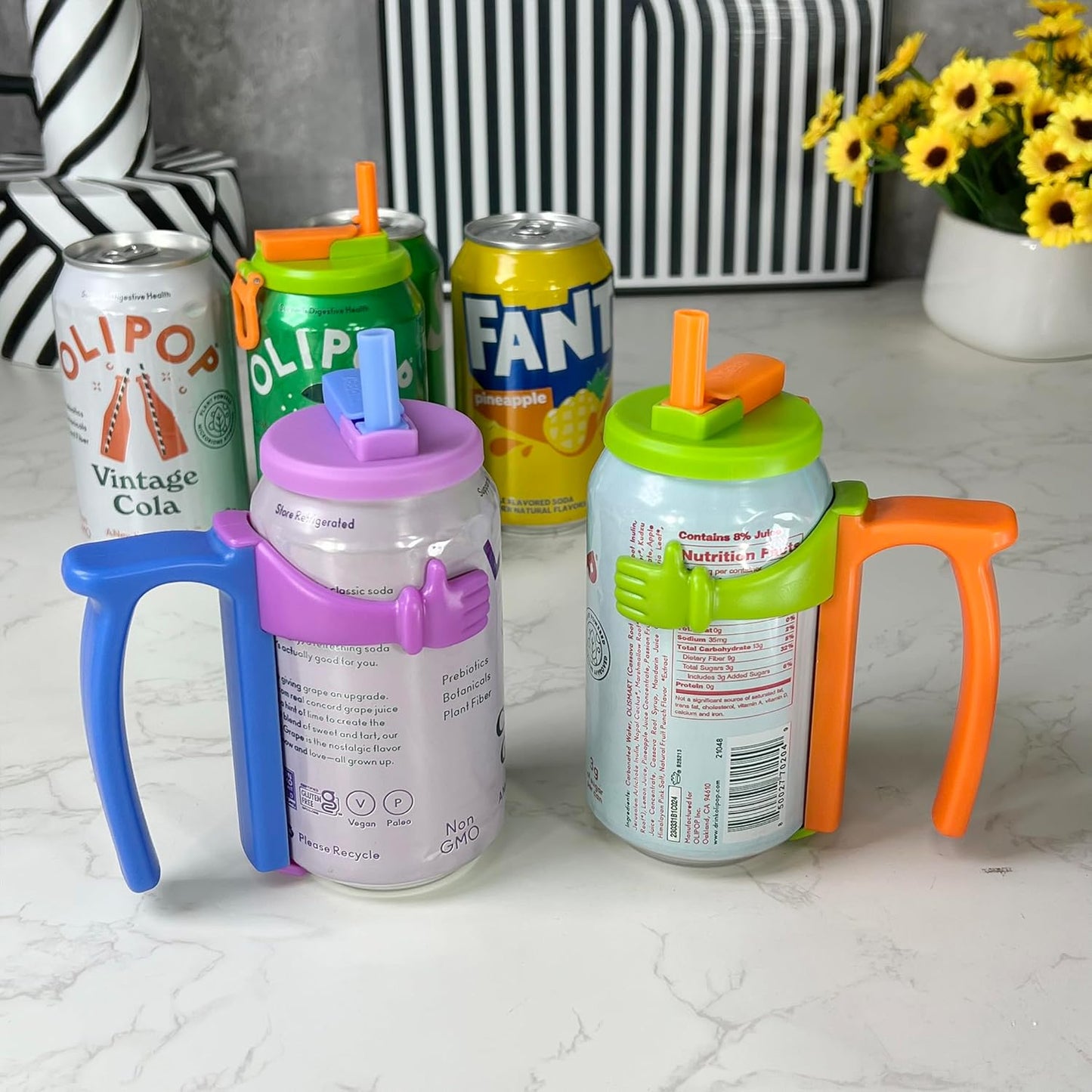 Soda Can Lids and Holders for 12oz Cans – 2 Can Covers with Straw + 2 Can Holder with Handle – For Soda, Beer, Pop – Easy to Hold, Leak-Free