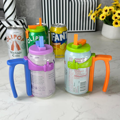 Soda Can Lids and Holders for 12oz Cans – 2 Can Covers with Straw + 2 Can Holder with Handle – For Soda, Beer, Pop – Easy to Hold, Leak-Free