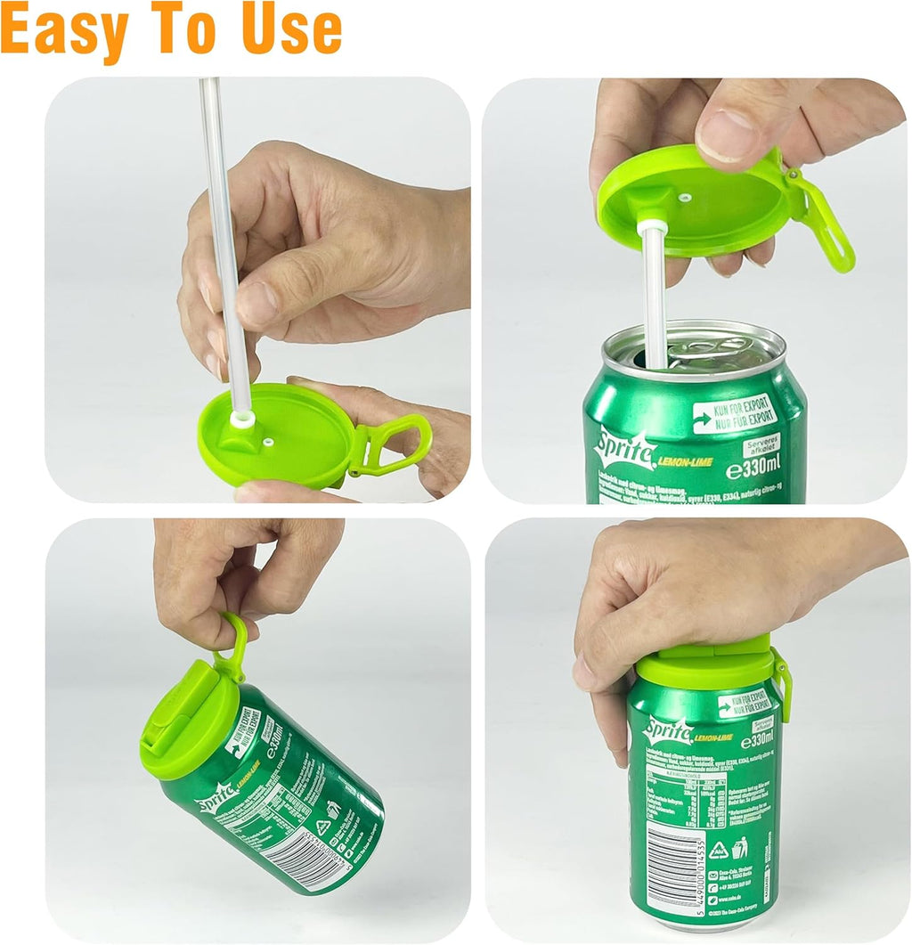 Soda Can Lids and Holders for 12oz Cans – 2 Can Covers with Straw + 2 Can Holder with Handle – For Soda, Beer, Pop – Easy to Hold, Leak-Free