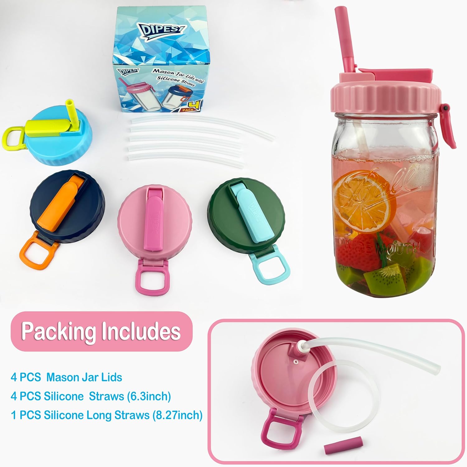 4 Pack Wide Mouth Mason Jar Lids with Hidden Straw, Leak-Proof Covers for Drinking or Storage, Fits Ball & Kerr Mason Jars (style-2)