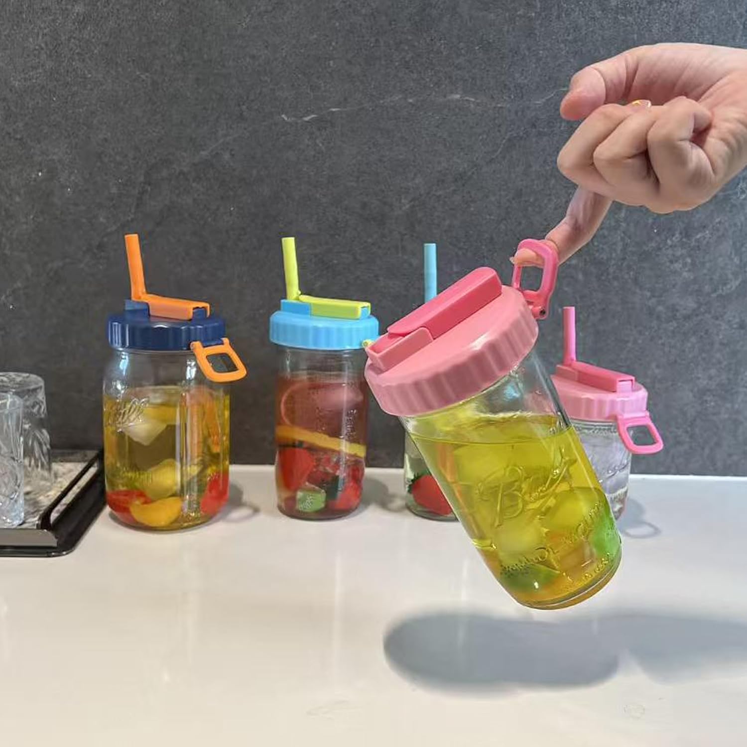 4 Pack Wide Mouth Mason Jar Lids with Hidden Straw, Leak-Proof Covers for Drinking or Storage, Fits Ball & Kerr Mason Jars (style-2)