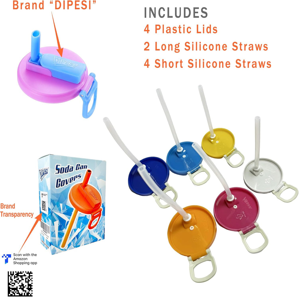 Soda Can Lids with Straws, 4 Pack BPA-Free Reusable Pop Can Lids – Energy Drink Color Inspired, Fits Standard 12oz/16oz Cans (RB-6)