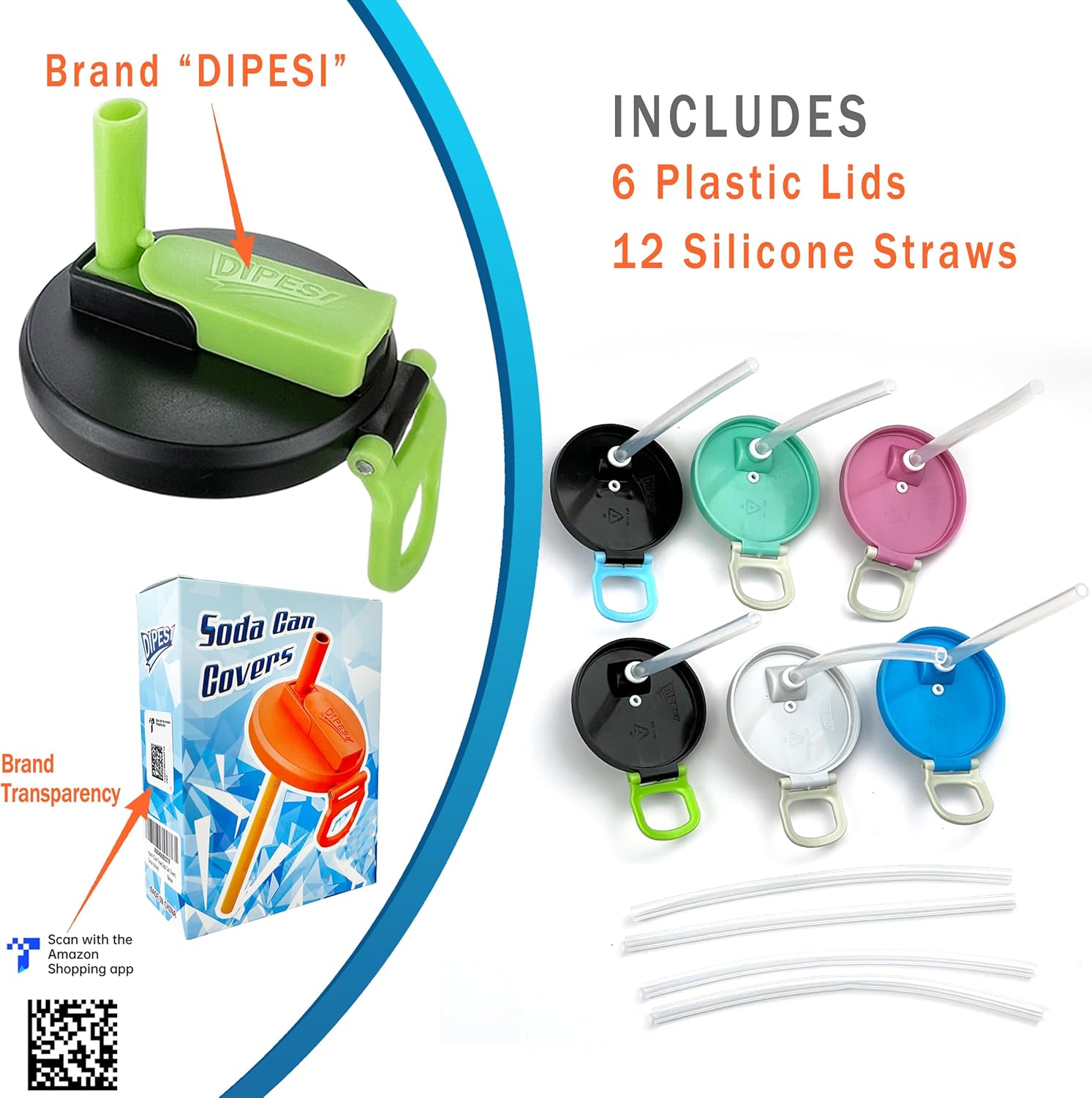 6 Pack Soda Can Lids with Straws,Inspired by Energy Drink Can Colors, Reusable BPA-Free Can Tops for Energy Drink, Soda, Juice, Beer – Fits Standard 12oz/16oz Cans（K01-P6）