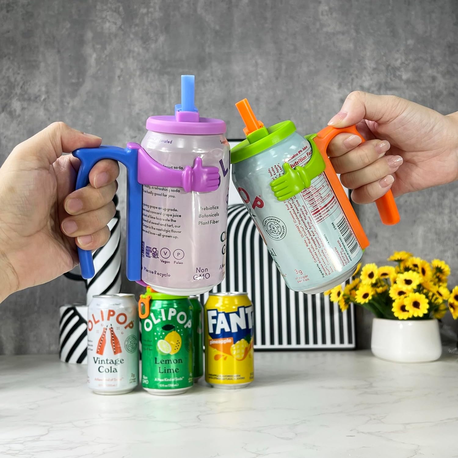 Soda Can Lids and Holders for 12oz Cans – 2 Can Covers with Straw + 2 Can Holder with Handle – For Soda, Beer, Pop – Easy to Hold, Leak-Free